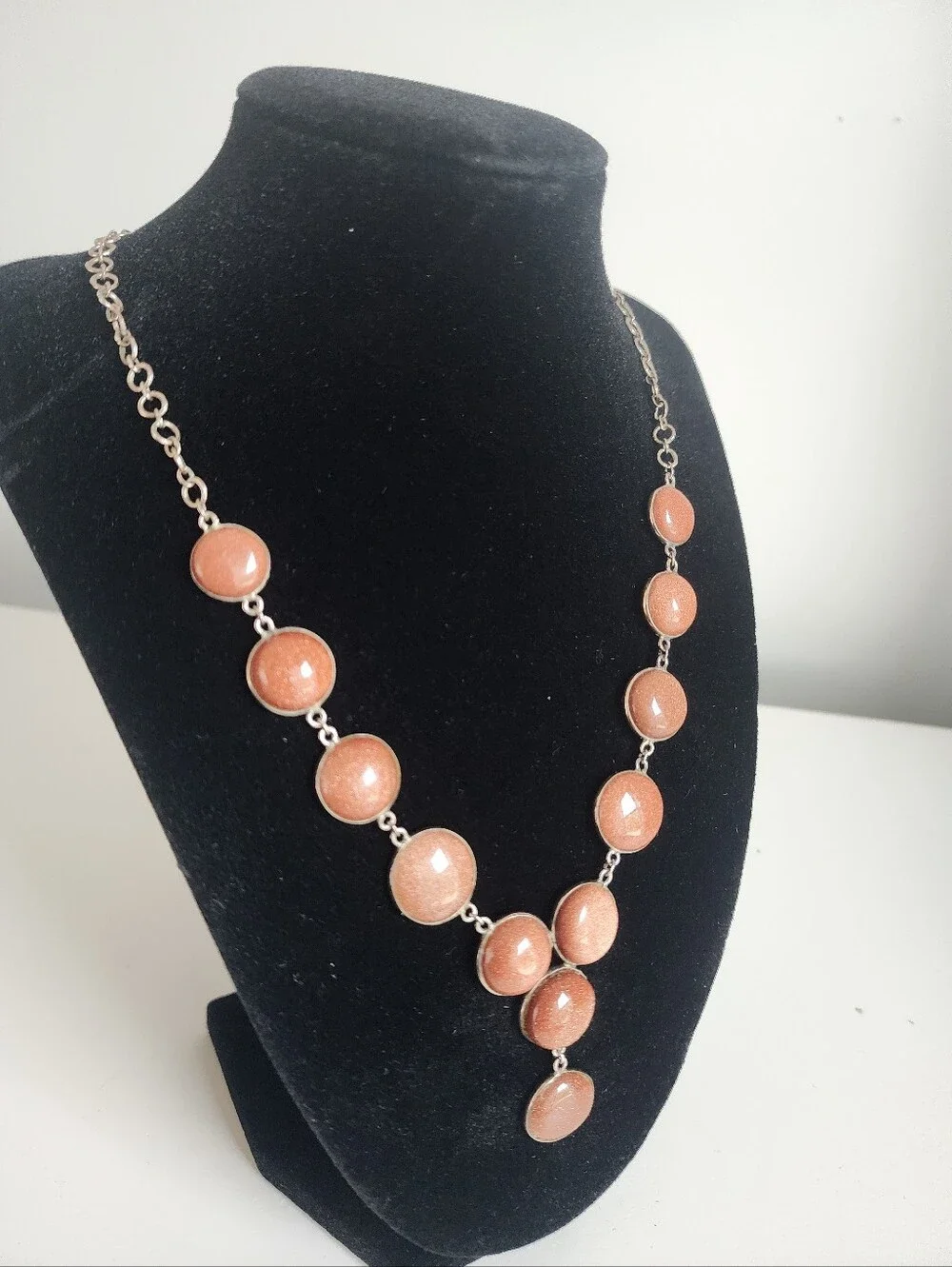 Vintage Goldstone Silver-Tone Cabochon Y-Drop Statement Necklace, 18
